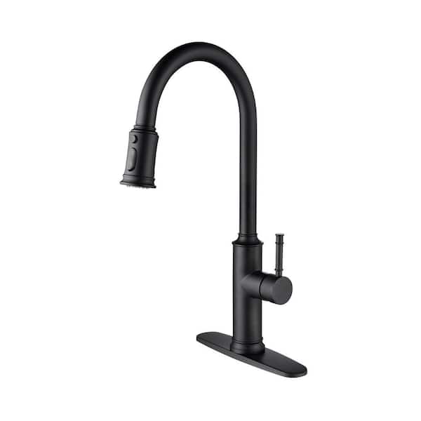 Lukvuzo Single Handle Deck Mount Standard Kitchen Faucet in Matte Black360 Degree Swivel 3-Mode Stainless Steel with Deck Plate
