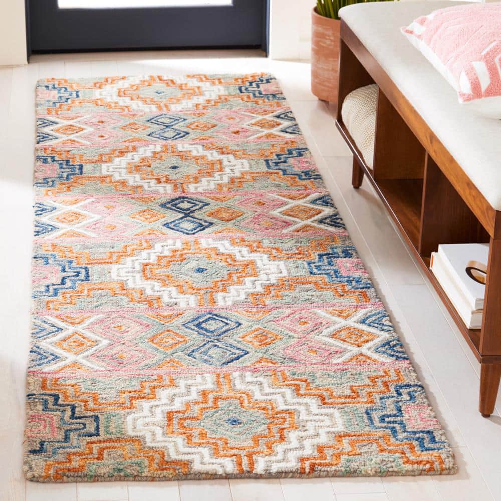 Handmade Blue Geometric Wool Runner Rug, 15 ft