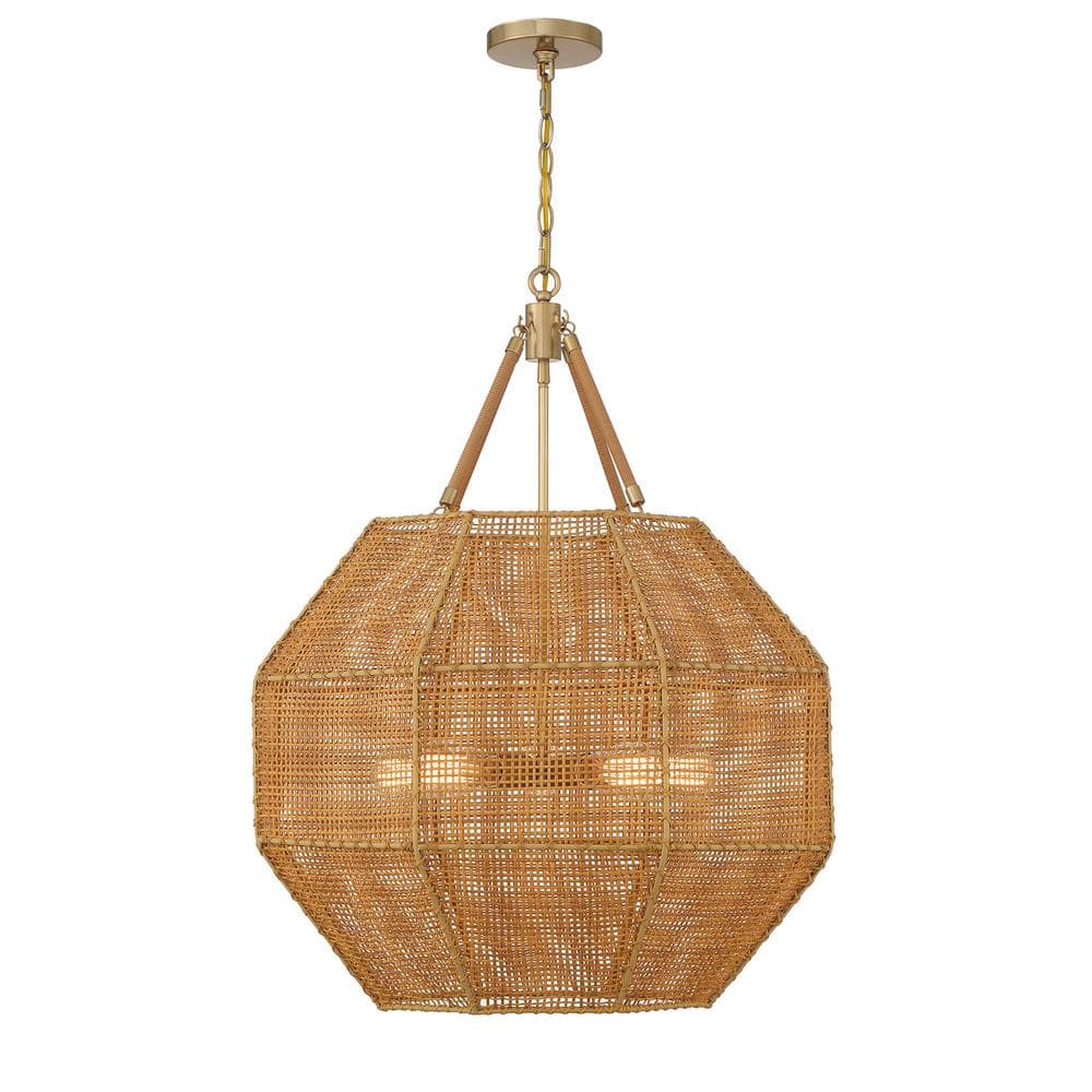 Burnished Brass and Rattan 5-Light Octagon Pendant