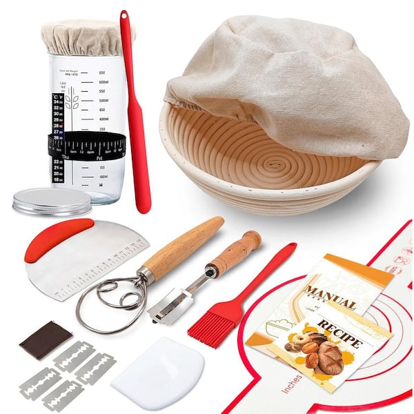 Complete Sourdough Starter Kit with 9 in. Round Rattan Banneton Basket 24 oz. Glass Jar Baking Tools Recipe Book, 1 Kit