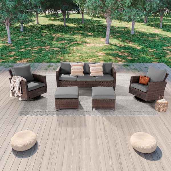 JOYESERY 5-Piece Patio Outdoor Brown Wicker Conversation Seating Set Thickening With Swiveling Rocker, Gray Cushion