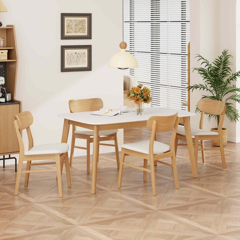 Polibi 5-Piece Rectangle Light Beige/White/Oak Wood Top Dining