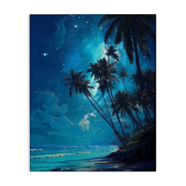 Moonlit Beach Palm Trees by Ziwei Li Unframed Nature Graphic Art Print 20 in. x 16 in.