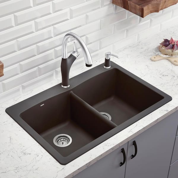 DIAMOND Dual-Mount Granite Composite 33 in. 1-Hole 50/50 Double Bowl Kitchen Sink in Anthracite