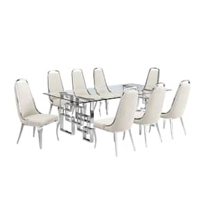 Dominga 9-Piece Glass Top 46 in. with Stainless Steel Set with 8 Cream Velvet Chairs