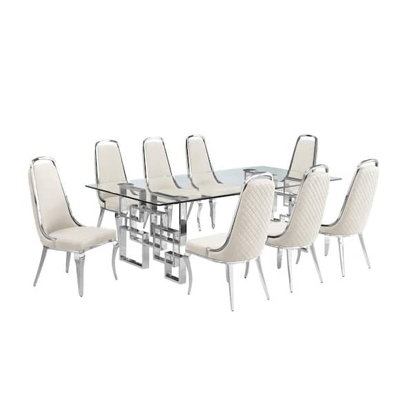 Best Quality Furniture Dominga 9-Piece Glass Top 46 in. with Stainless Steel Set with 8 Cream Velvet Chairs