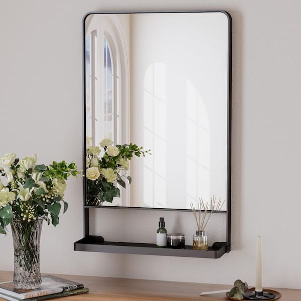 KeonJinn 18 in. W x 28 in. H Large Rectangular Framed Metal Wall Bathroom Vanity Mirror with Shelf in Black (Vertical)