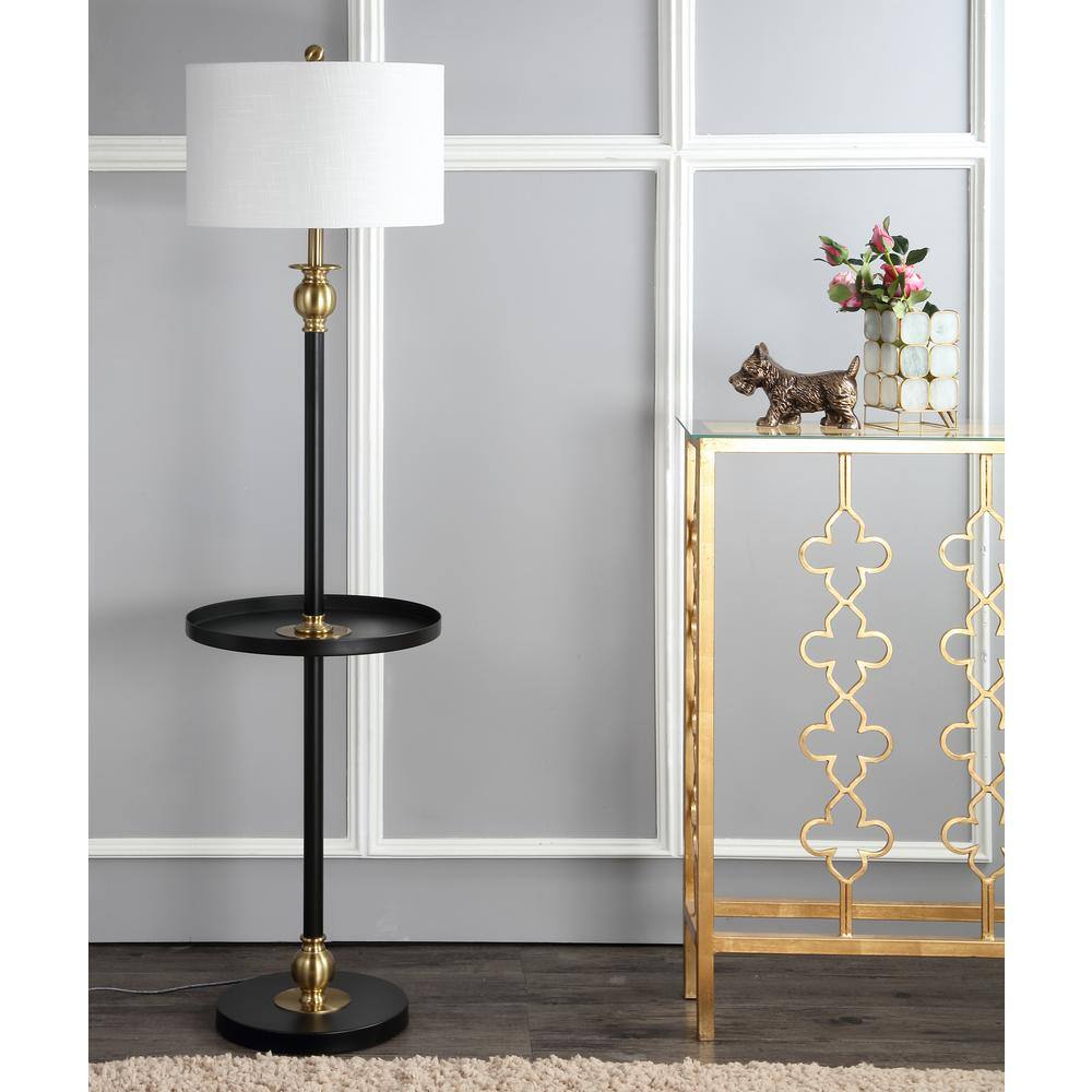 Elegant Arc 61" Black and Gold Metal End Table Floor Lamp with Linen Shade
