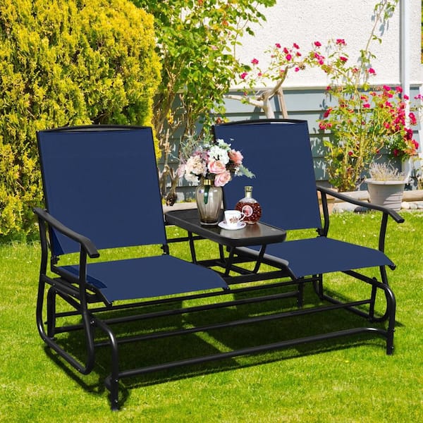 2-Person Navy Metal Outdoor Glider Chair Patio Double Loveseat Rocking
