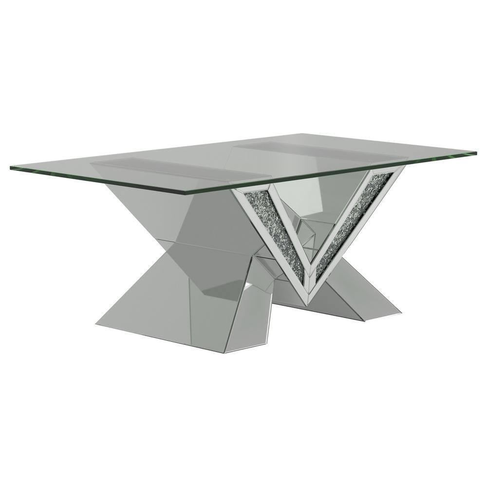 Silver Rectangular Glass Top Coffee Table with V-Shaped Base