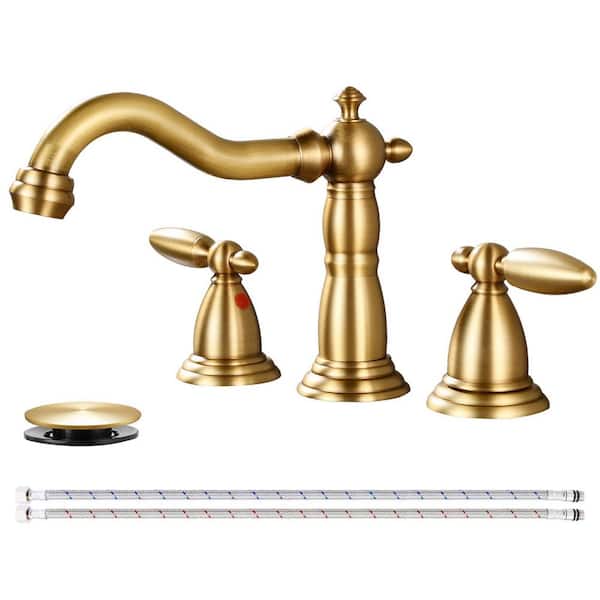 Double Handles 8 in. Widespread Bathroom Faucet 3-Hole Sink Faucet with Pop-Up Drain in Antique Brass