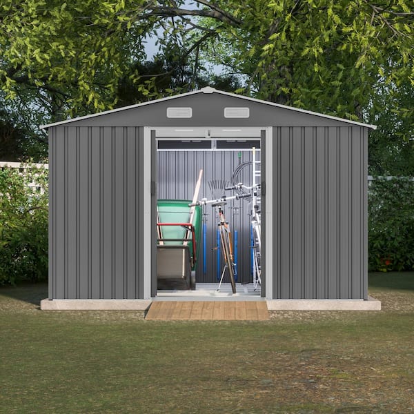 10 ft. W x 8 ft. D Grey Metal Storage Shed with Foundation and Sliding Door (80 Sq. Ft.)