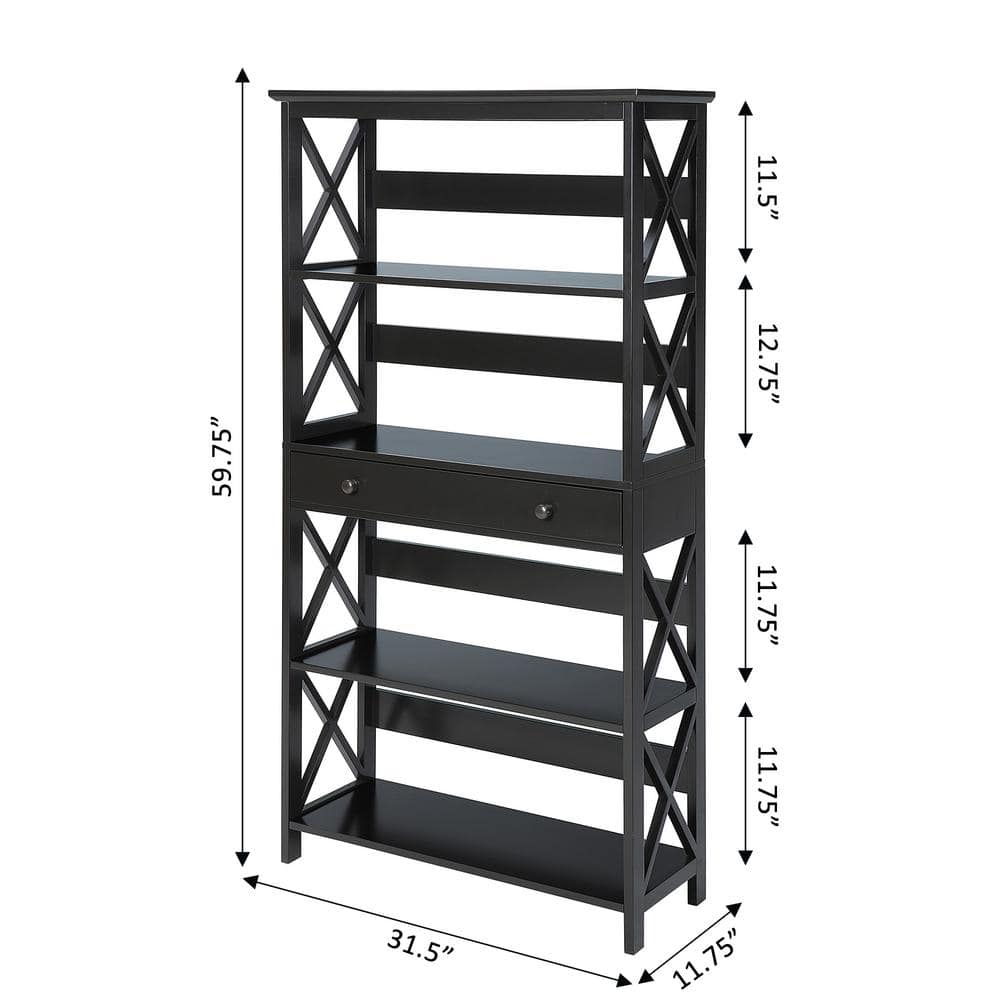 Modern Oxford Black Wood 5-Tier Bookcase with Concealed Drawer