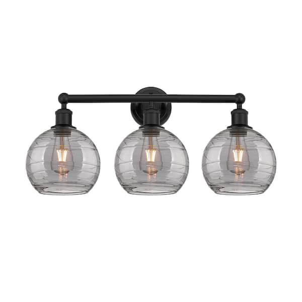 Athens Deco Swirl 26 in. 3-Light Matte Black Vanity Light with Glass Shade
