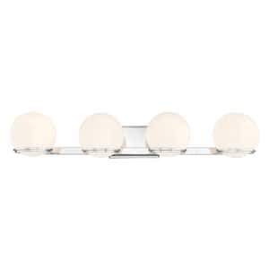 Hollywood Nights 32 in. 4-Light Chrome LED Vanity Light with Etched Opal Glass Shades