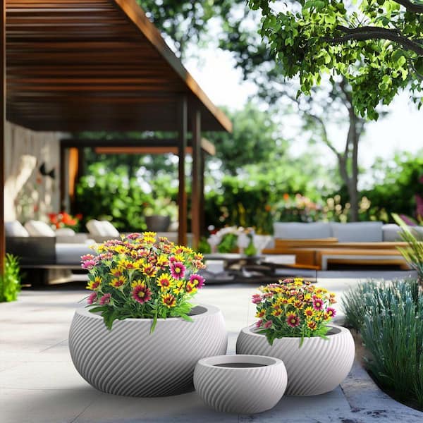 12. 5in., 17 in., 22.5 in. Crisp White(Enhanced Core) Concrete Round Planter / Pot with Drainage Holes (Set of 3)