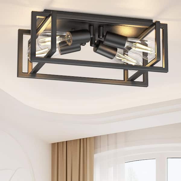 YANSUN 11.41 in. 4-Light Industrial Caged Flush Mount , Metal Black Square Ceiling Light Fixtures for Kitchen Island
