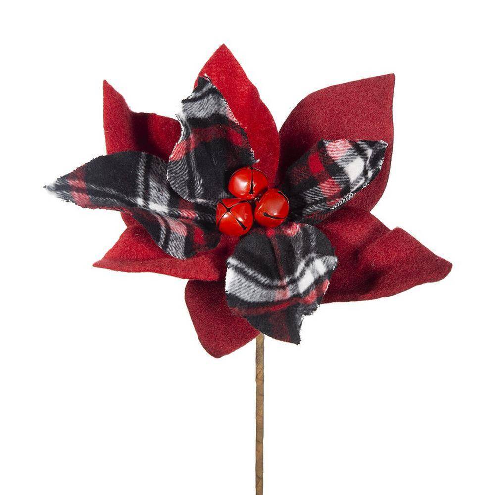 Set of 12 Red and Black Plaid Poinsettia Stems