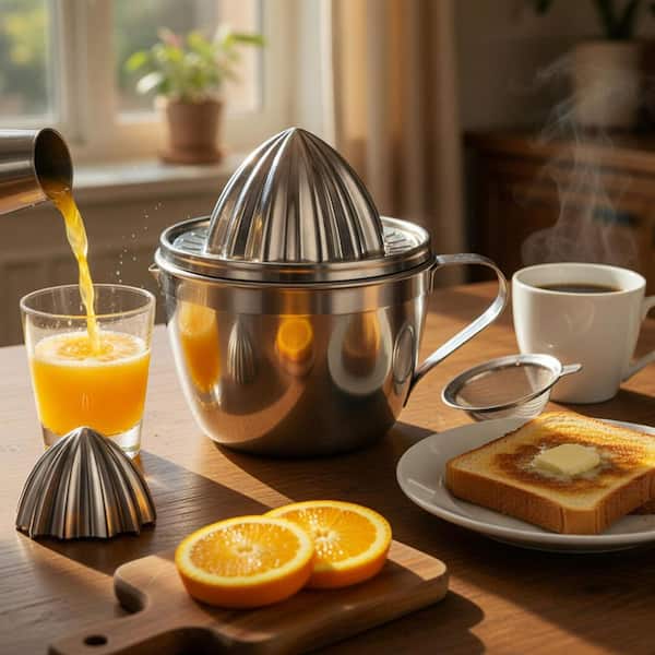 Manual Stainless Steel Citrus Juicer, Heavy Duty Hand Press Squeezer with 2 Detachable Cones, Slot Strainer, 14 oz. Bowl