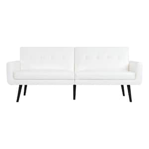 White Leather Futon Sofa, Convertible, Split Back Premium Faux Leather Sleeper Couch Sofa with Tapered Legs