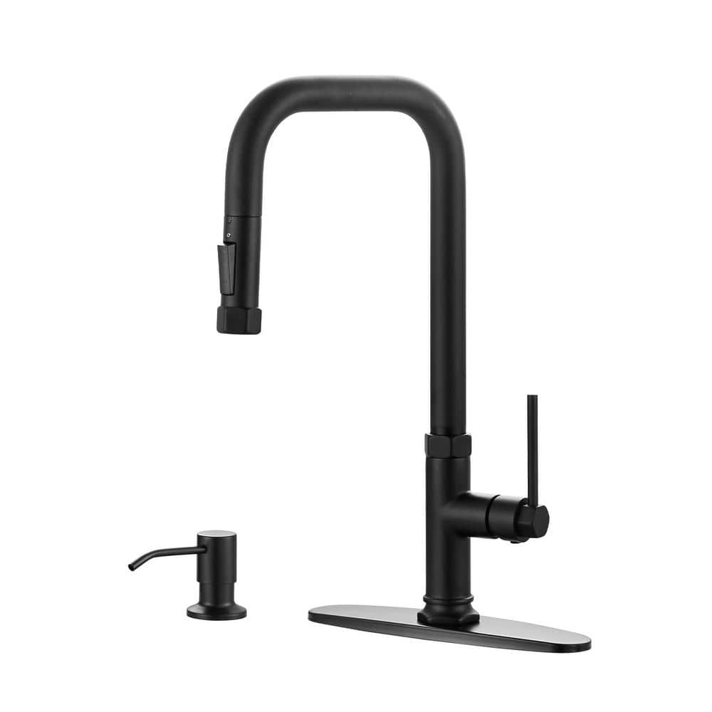 Single-Handle Pull Down Sprayer Kitchen Faucet with Pull Out Spray Wand and Soap Dispenser in Matte Black -  ALEASHA, AL-1A73B-S