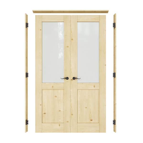 48 in. x 80 in. 1/2-Lite Frosted Glass Universal Solid Core Unfinished Pine Wood Double Prehung French Door+ Pine Jamb
