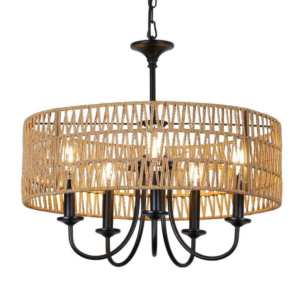 YANSUN 5-Light Modern Farmhouse Brown Round Rattan Pendant Rattan Drum ...