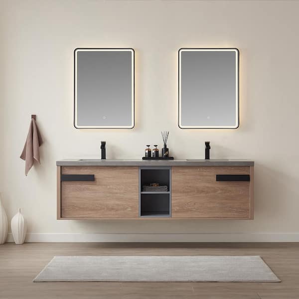 ROSWELL Carcastillo 72 in.W x 22 in.D x 21 in.H Double Sink Bath Vanity in N.American Oak with Grey Natural Stone Top