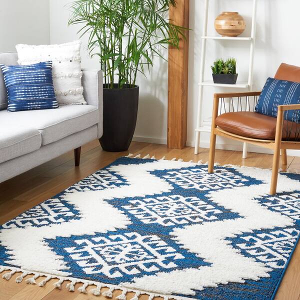 Moroccan Tassel Shag 7 x 9 Navy/Ivory Tribal Area Rug