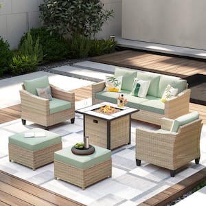 Oconee Beige 6-Piece Outdoor Patio Fire Pit Conversation Sofa Seating Set with Mint Green Cushions