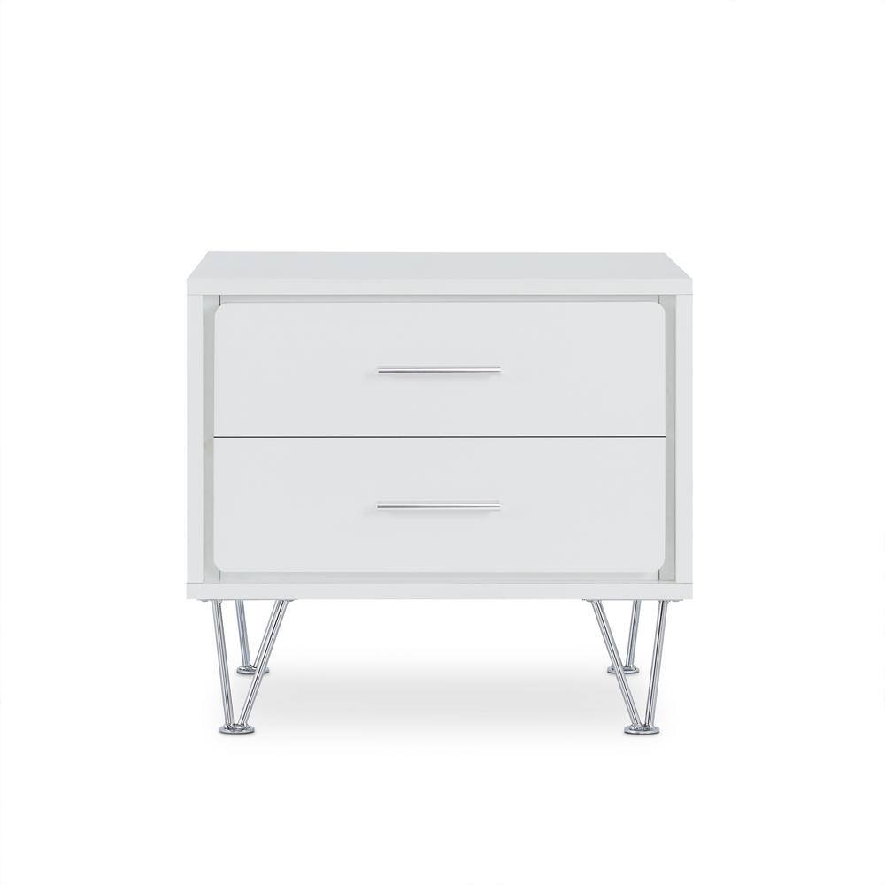 White and Chrome 2-Drawer Nightstand with V-Shaped Metal Legs