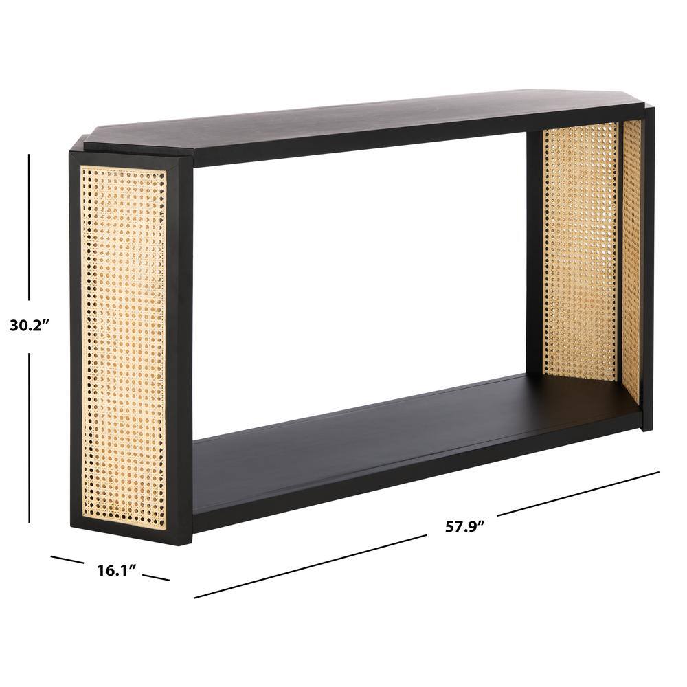 Black Wood Console Table with Woven Rattan Sides