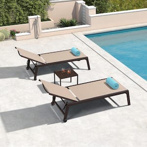 Aluminum Bronze Frame Metal Outdoor Patio Chaise Lounge with Side Table and Wheels Extra Large, Light Tan