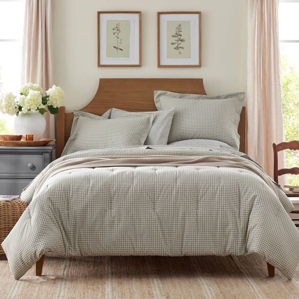 Company Cotton Mini Check Yarn-Dyed Green Queen Cotton Percale Duvet Cover