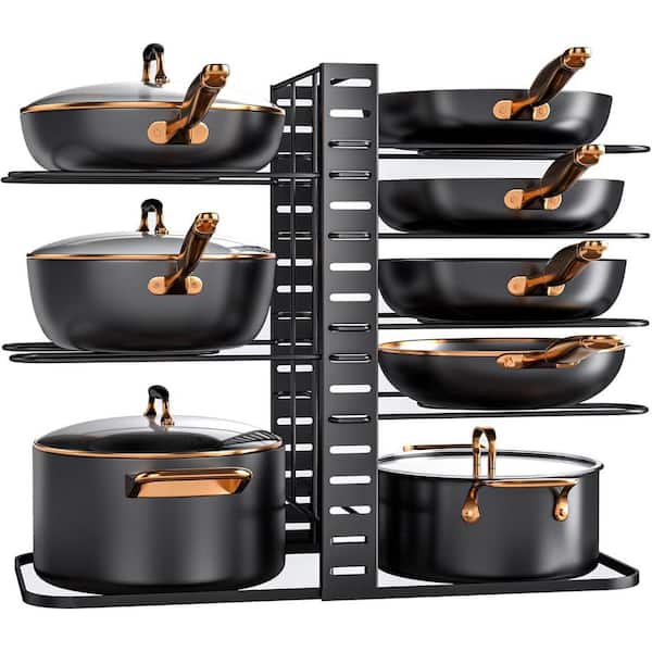 8-Tier Light-Duty Pot and Pan Organizer Rack for Cabinets Adjustable and Tool-Free Assembly with 3 DIY Methods