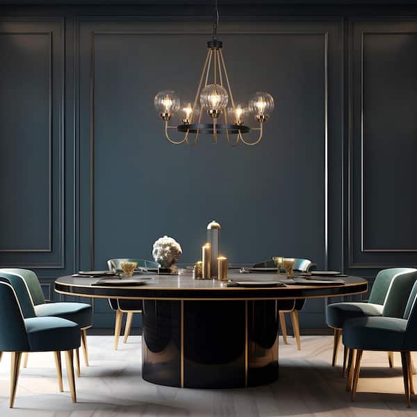 5-Light Brass Chandelier Lighting, Sputnik Pendant Lights for Kitchen Island, Modern Black Chandelier with Round Glasses