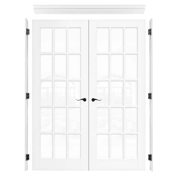 60 in. x 80 in. 15-Lite Clear Glass Universal White Solid Core Glass Double Prehung French Door+ Quick Assemble Jamb