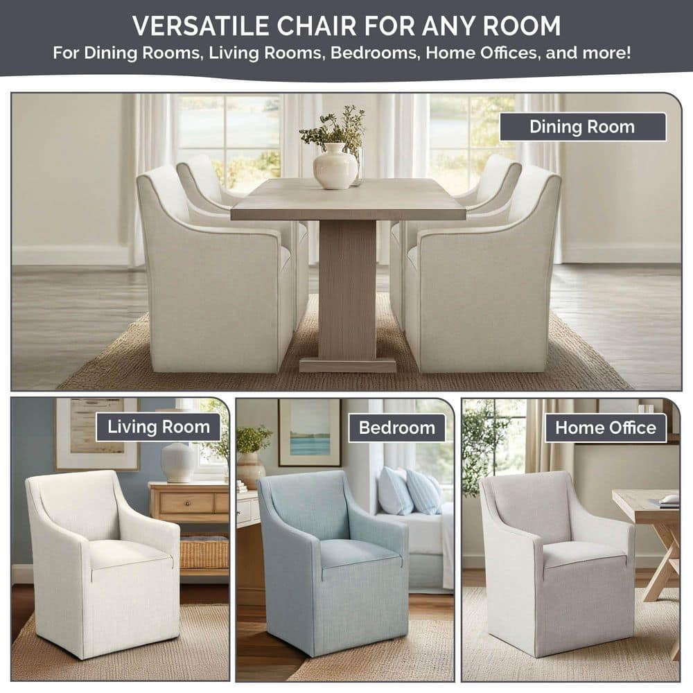 Cream Upholstered High Back Dining Arm Chair with Casters