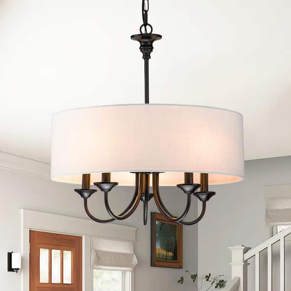 RRTYO Parrett 5-Light Black Farmhouse Cluster Chandelier with White Cloth Drum Shade