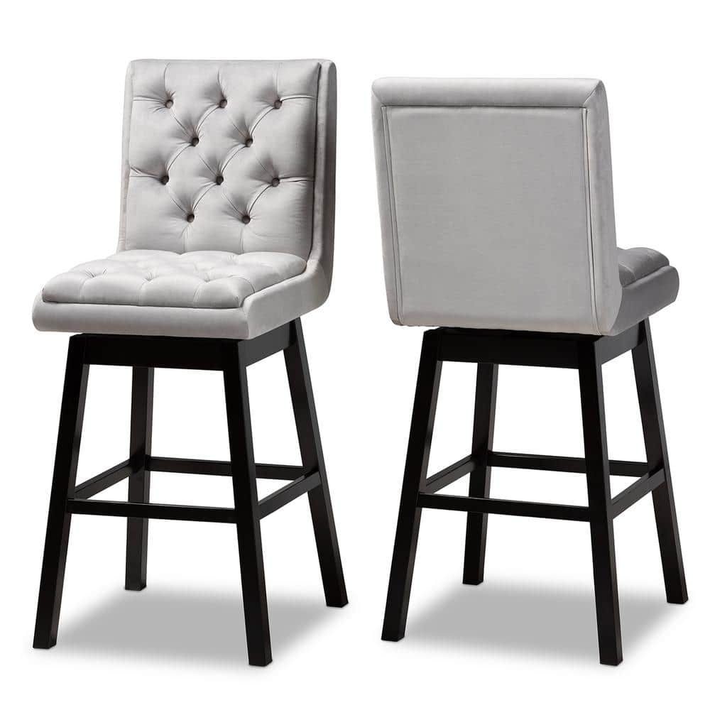 Gregory Light Grey Velvet and Dark Brown Wood Swivel Bar Stool Set