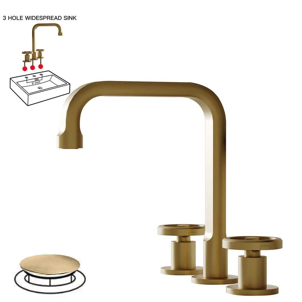 Brushed Gold Industrial Style Widespread Bathroom Faucet with Metal Drain