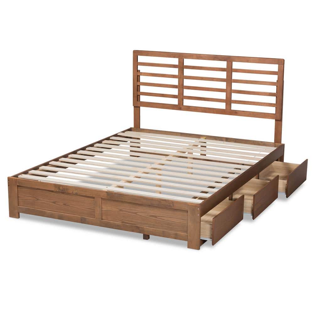 Ash Walnut King Size Wood Frame Upholstered Storage Bed with 3 Drawers