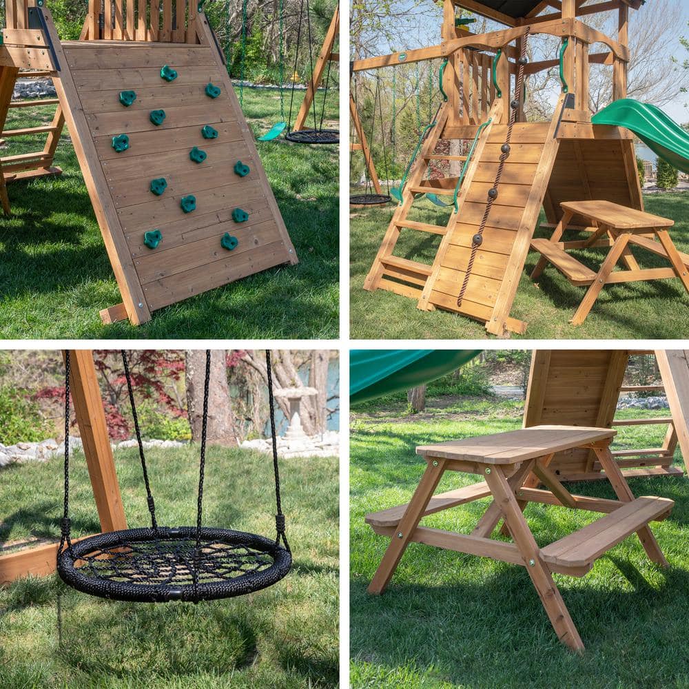 Endeavor II Cedar Swing Set with Slide and Climbing Wall