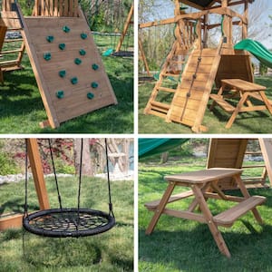 Endeavor II All Cedar Wood Children's Swing Set Playset with Elevated Clubhouse Green Wave Slide and Picnic Bench