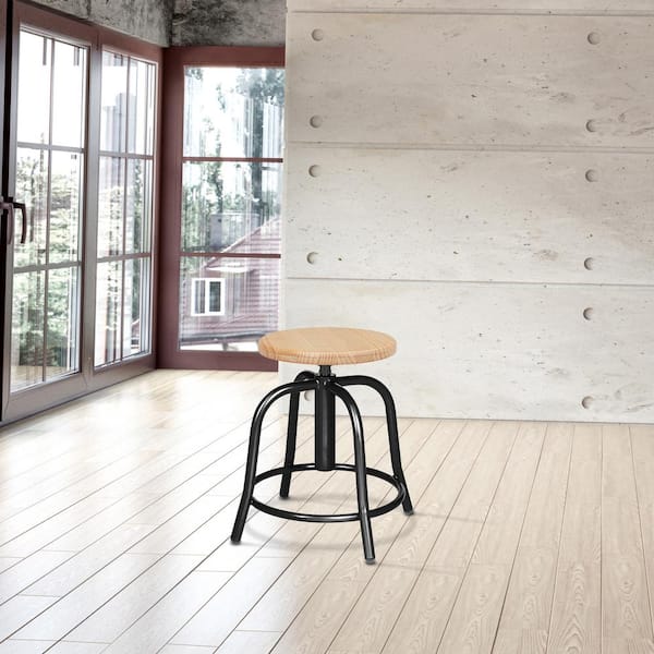 Vince Collection 18-25 in. Adjustable Height, Black Metal Frame, Wood Seat