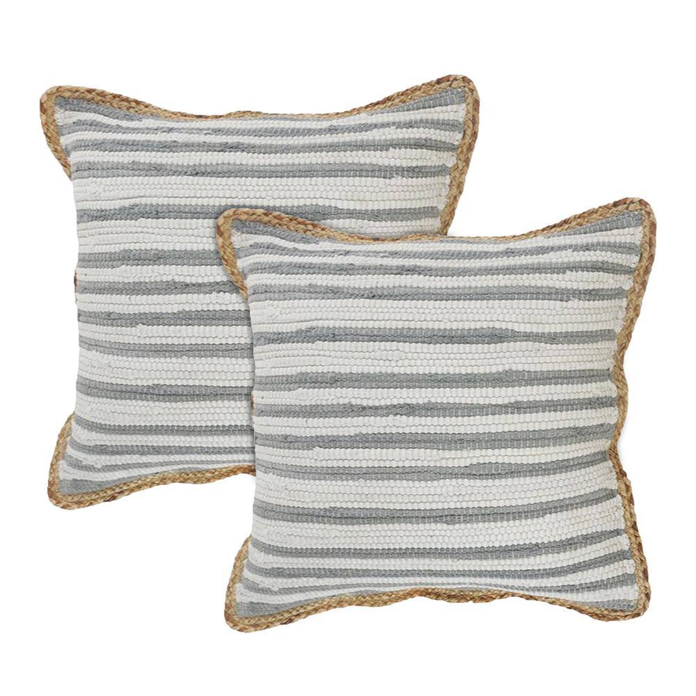 Gray and White Striped Cotton Throw Pillows with Braided Border, Set of 2