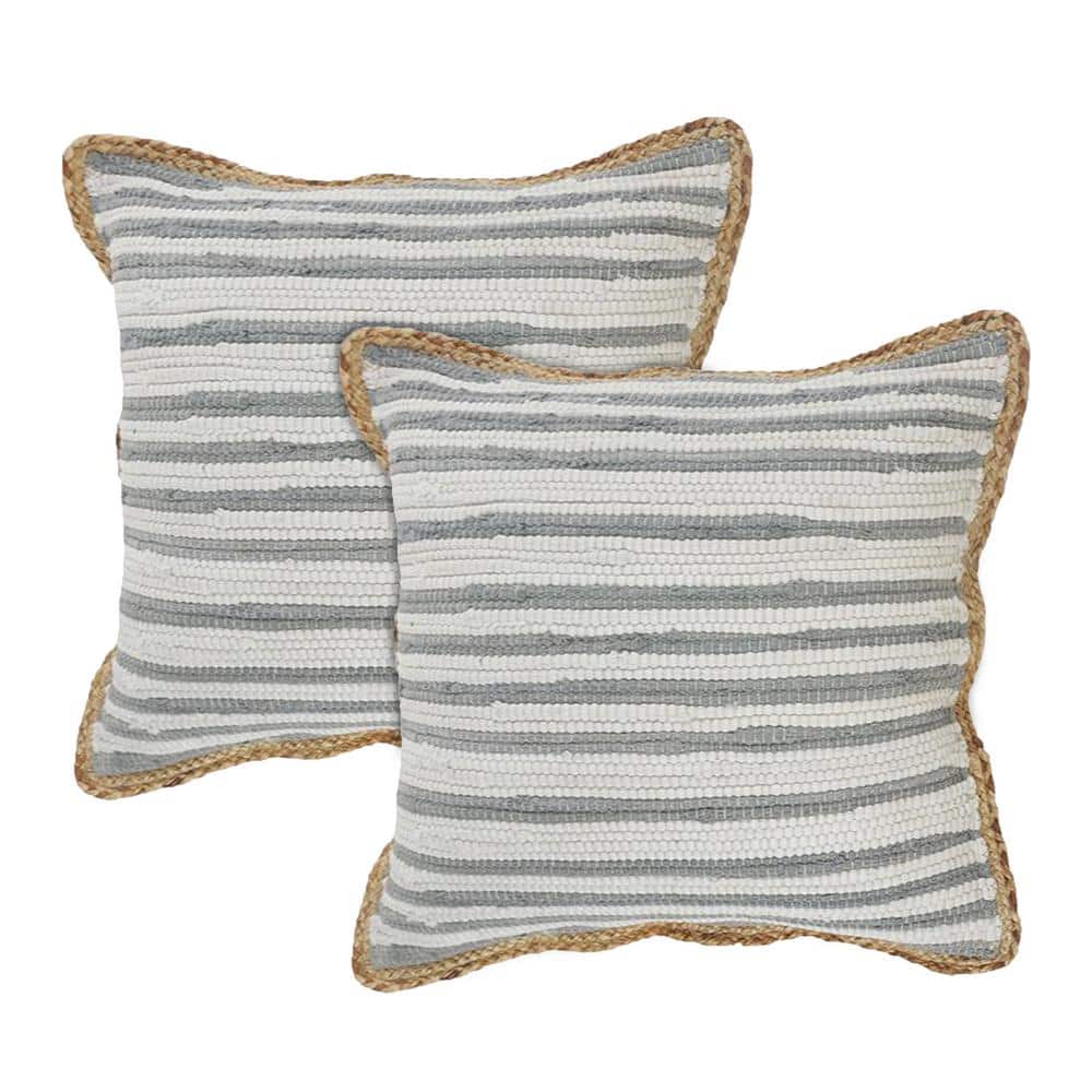 Raeleigh Gray Striped Cotton Blend 18 in. x 18 in. Indoor Throw Pillow (Set