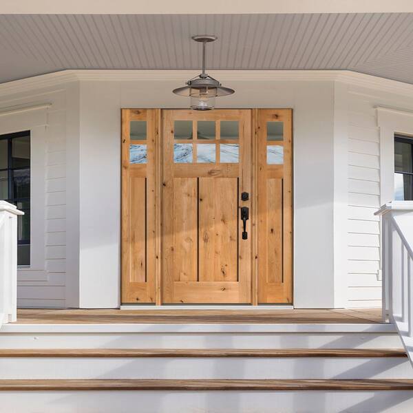 60 in. x 80 in. Craftsman Knotty Alder Left-Hand/Inswing 6-Lite Clear Glass Clear Stain Wood Prehung Front Door with DSL