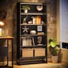 BYBLIGHT 71 in. Tall Black 5-Shelves Standard Wooden Bookcases with Open Storage and LED Strips BB-XK00203-XMX