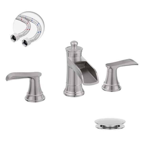 BWE 8 in. Waterfall Widespread 2-Handle Bathroom Faucet With Pop-up Drain Assembly in Brushed Nickel